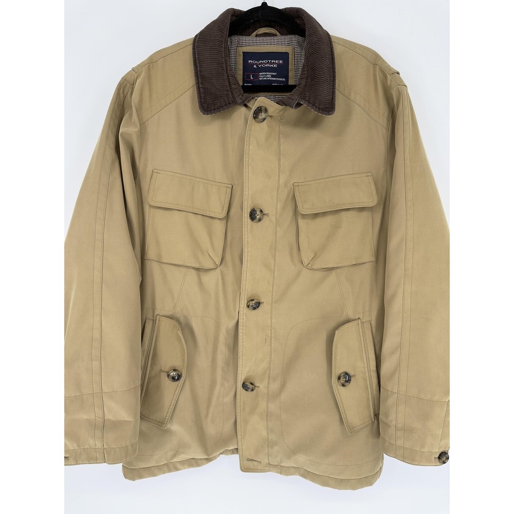 Roundtree & Yorke Jacket Mens Large Khaki Corduroy Collar Water Resistant‎ Field